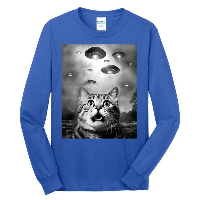 Funny Meme Cat Selfie With Alien Ufos Funny Cat Lovers Aliens Ufo Tall Long Sleeve T-Shirt