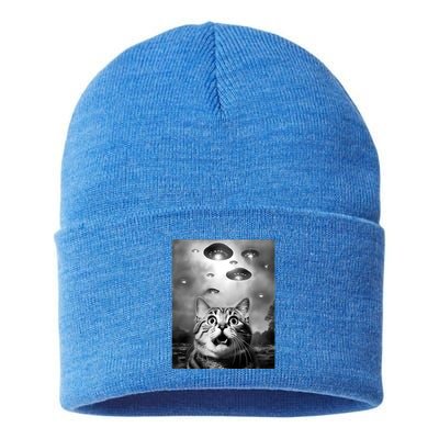 Funny Meme Cat Selfie With Alien Ufos Funny Cat Lovers Aliens Ufo Sustainable Knit Beanie