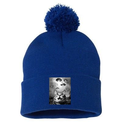 Funny Meme Cat Selfie With Alien Ufos Funny Cat Lovers Aliens Ufo Pom Pom 12in Knit Beanie