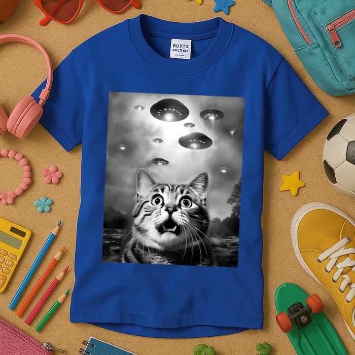 Funny Meme Cat Selfie With Alien Ufos Funny Cat Lovers Aliens Ufo Kids T-Shirt
