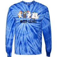 Funny Merry Catmas Cat Mom Dad Lover Xmas With Santa Hats Gift Tie-Dye Long Sleeve Shirt