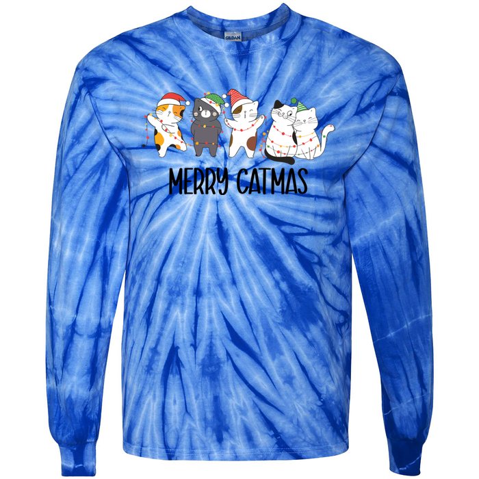 Funny Merry Catmas Cat Mom Dad Lover Xmas With Santa Hats Gift Tie-Dye Long Sleeve Shirt