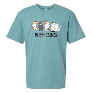 Funny Merry Catmas Cat Mom Dad Lover Xmas With Santa Hats Gift Sueded Cloud Jersey T-Shirt