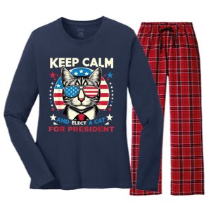 Funny My Cat For President 2024 Political Election Vote 2024 Women's Long Sleeve Flannel Pajama Set 