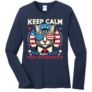 Funny My Cat For President 2024 Political Election Vote 2024 Ladies Long Sleeve Shirt