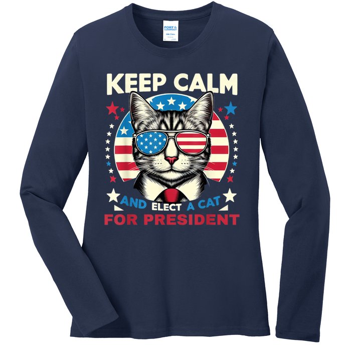 Funny My Cat For President 2024 Political Election Vote 2024 Ladies Long Sleeve Shirt