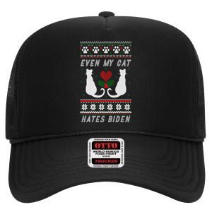 Funny My Cat Hates Biden For Merry Christmas Cat Anti Biden Premium High Crown Mesh Back Trucker Hat