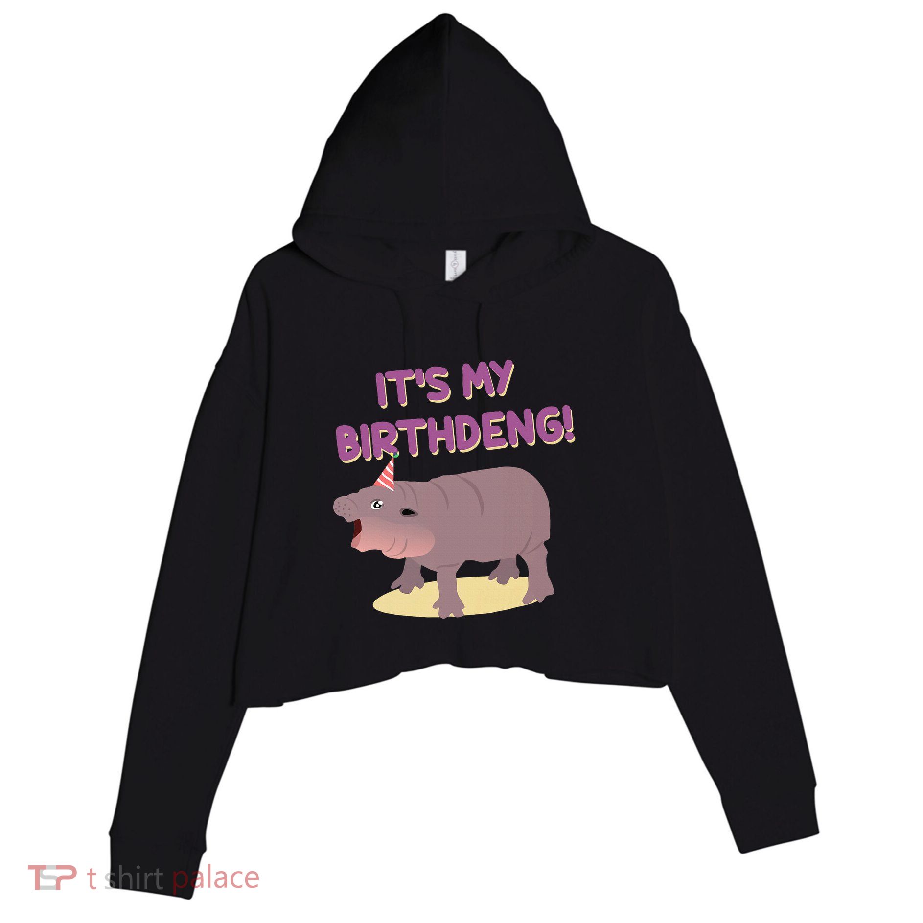 Funny Moo Deng Baby Hippo Cute ItS My Birthday Birthdeng Crop Fleece Hoodie