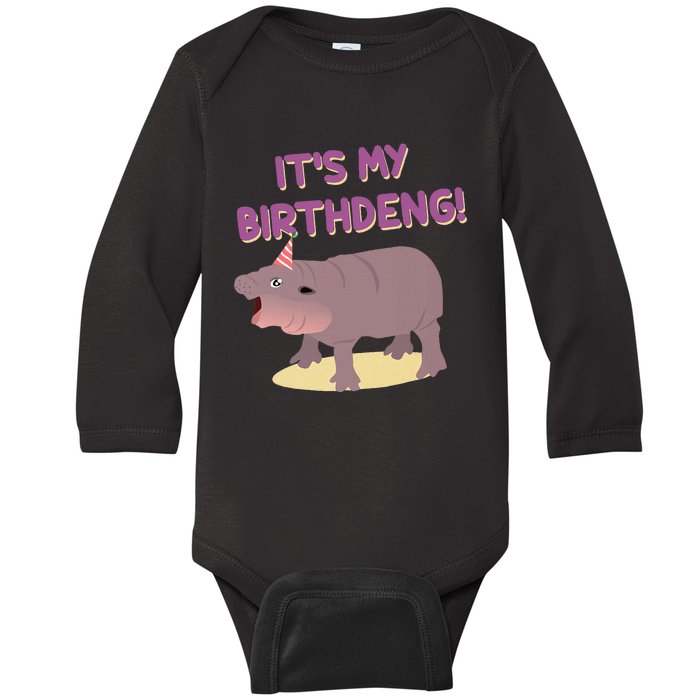 Funny Moo Deng Baby Hippo Cute ItS My Birthday Birthdeng Baby Long Sleeve Bodysuit