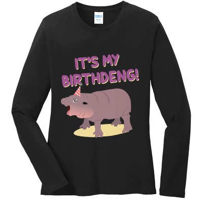 Funny Moo Deng Baby Hippo Cute ItS My Birthday Birthdeng Ladies Long Sleeve Shirt