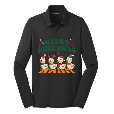 Funny Merry Ducksmas Christmas Quackmas Walking Retro Ducks Gift Silk Touch Performance Long Sleeve Polo