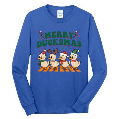 Funny Merry Ducksmas Christmas Quackmas Walking Retro Ducks Gift Tall Long Sleeve T-Shirt