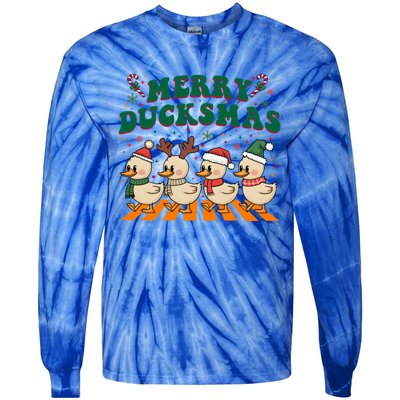 Funny Merry Ducksmas Christmas Quackmas Walking Retro Ducks Gift Tie-Dye Long Sleeve Shirt