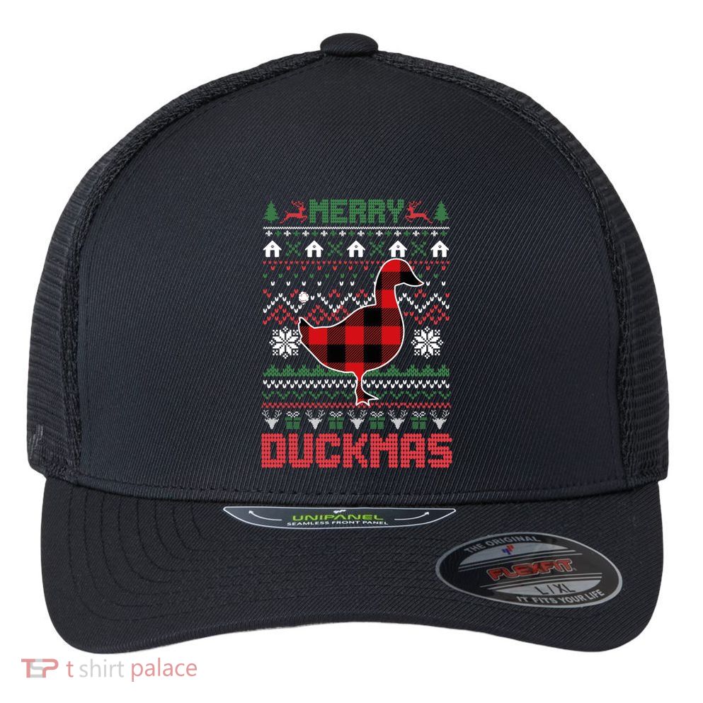 Funny Merry Ducktmas Ugly Christmas Duck Gift Flexfit Unipanel Trucker Cap