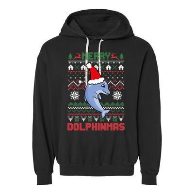 Funny Merry Dolphintmas Ugly Christmas Sweater Dolphin Santa Gift Garment-Dyed Fleece Hoodie