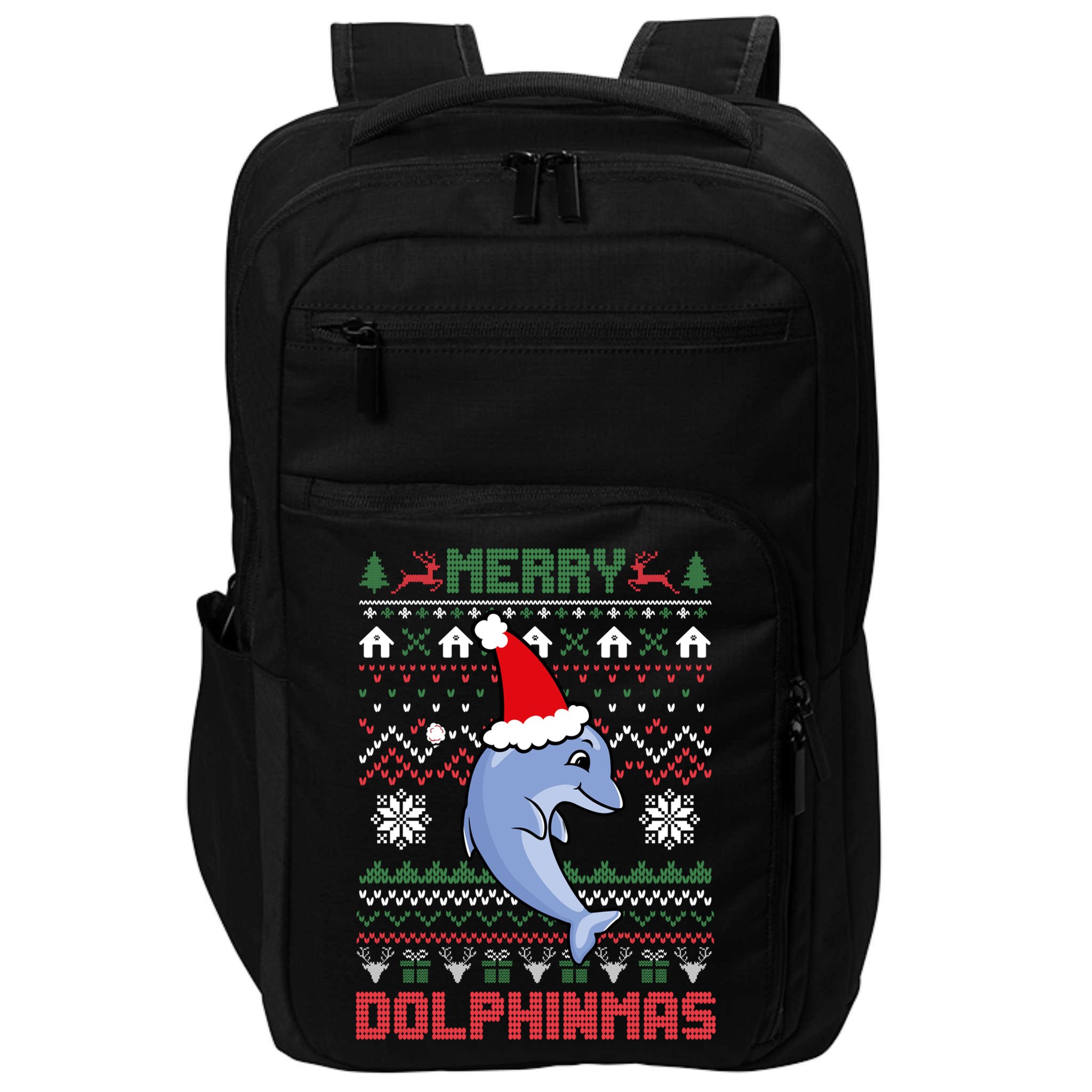 Funny Merry Dolphintmas Ugly Christmas Sweater Dolphin Santa Gift Impact Tech Backpack