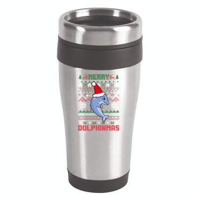 Funny Merry Dolphintmas Ugly Christmas Sweater Dolphin Santa Gift 16oz Travel Tumbler