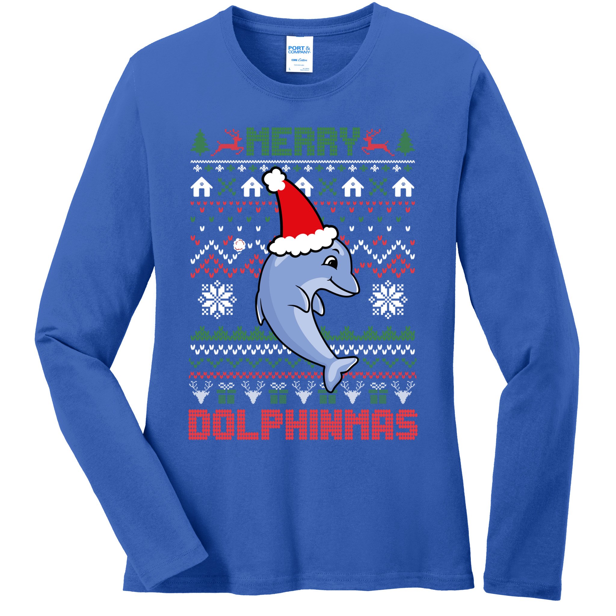 Funny Merry Dolphintmas Ugly Christmas Sweater Dolphin Santa Gift Ladies Long Sleeve Shirt