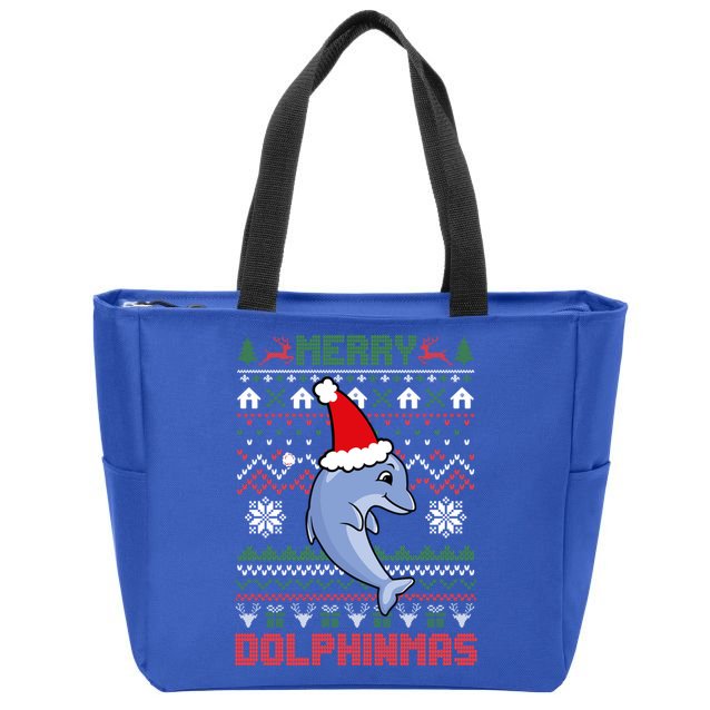 Funny Merry Dolphintmas Ugly Christmas Sweater Dolphin Santa Gift Zip Tote Bag