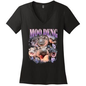 Funny Moo Deng Baby Pygmy Hippo Cute Zoo For Family Women's V-Neck T-Shirt