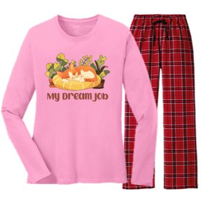 Funny My Dream Job Sleeping Cat Women's Long Sleeve Flannel Pajama Set 