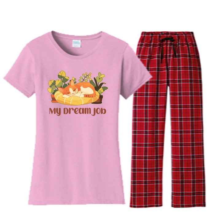 Funny My Dream Job Sleeping Cat Women's Flannel Pajama Set