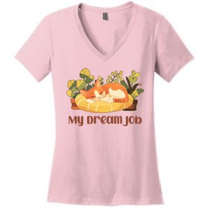 Funny My Dream Job Sleeping Cat Women's V-Neck T-Shirt