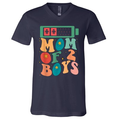 Funny Mothers Day Mom Of 2 Outfit From Son Groovy Women V-Neck T-Shirt