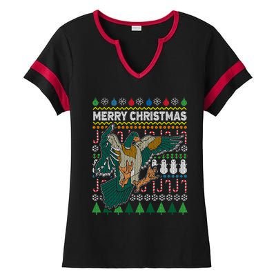 Flying Mallard Duck Merry Christmas Ugly Xmas Design Gift Ladies Halftime Notch Neck Tee