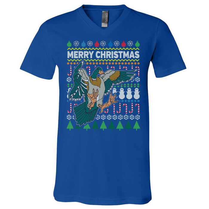 Flying Mallard Duck Merry Christmas Ugly Xmas Design Gift V-Neck T-Shirt