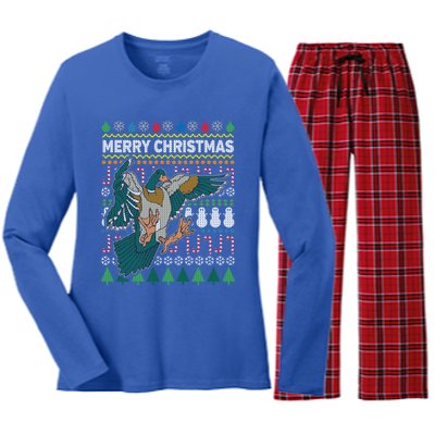 Flying Mallard Duck Merry Christmas Ugly Xmas Design Gift Women's Long Sleeve Flannel Pajama Set 