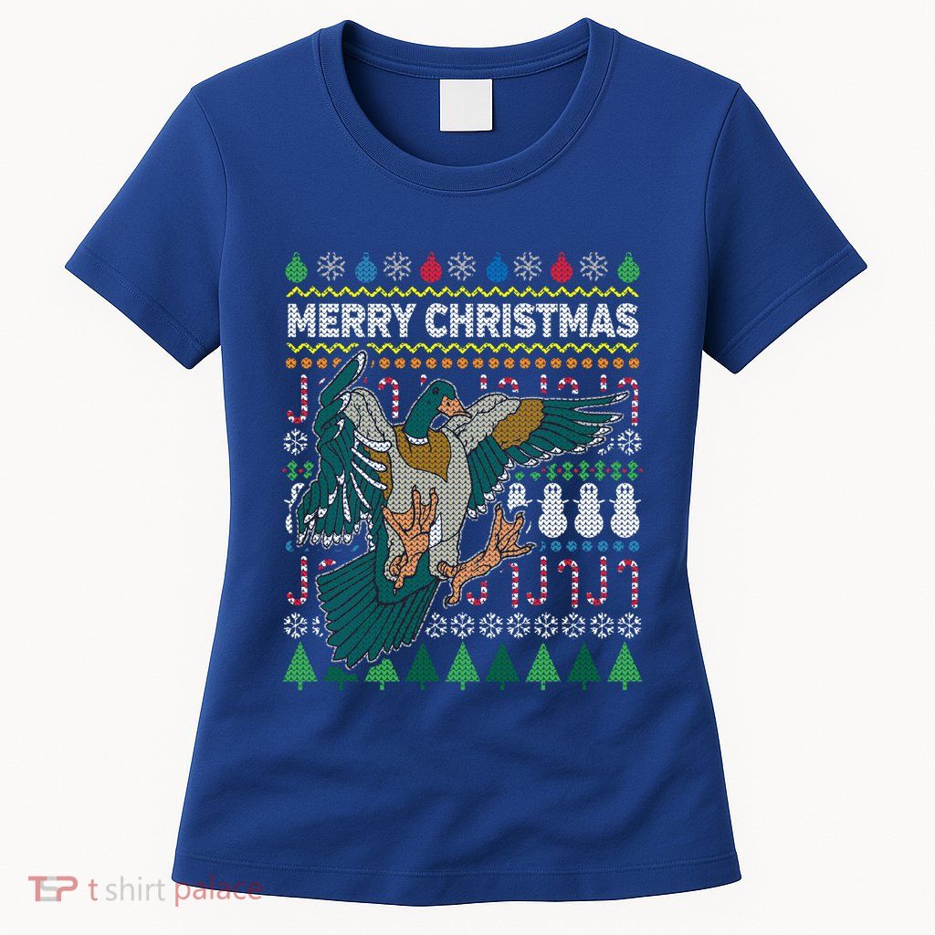 Flying Mallard Duck Merry Christmas Ugly Xmas Design Gift Womens T-Shirt