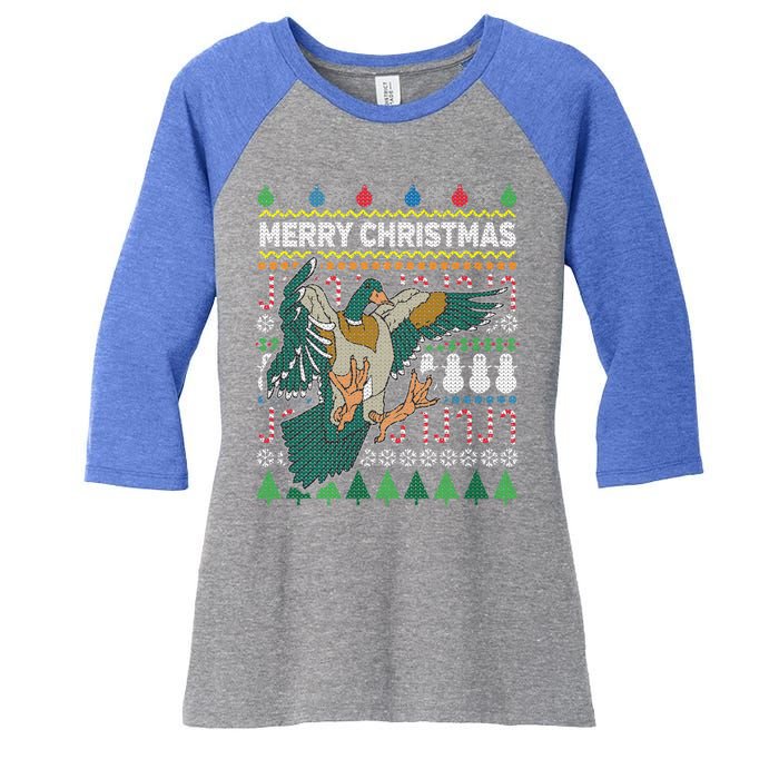 Flying Mallard Duck Merry Christmas Ugly Xmas Design Gift Women's Tri-Blend 3/4-Sleeve Raglan Shirt