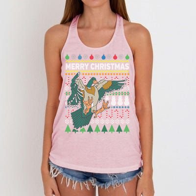 Flying Mallard Duck Merry Christmas Ugly Xmas Design Gift Women's Knotted Racerback Tank