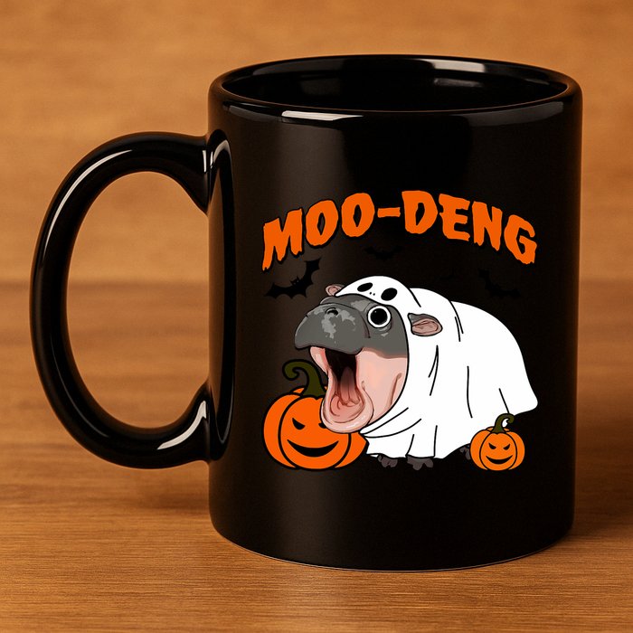 Funny Moo Deng Halloween Boo Ghost Costume Moodeng Lover 11oz C Handle Ceramic Mug