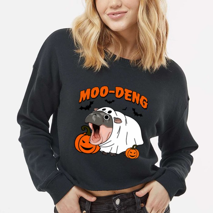 Funny Moo Deng Halloween Boo Ghost Costume Moodeng Lover Cropped Pullover Crew