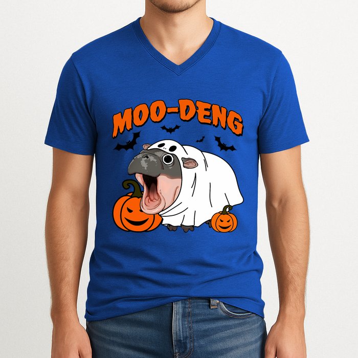 Funny Moo Deng Halloween Boo Ghost Costume Moodeng Lover V-Neck T-Shirt