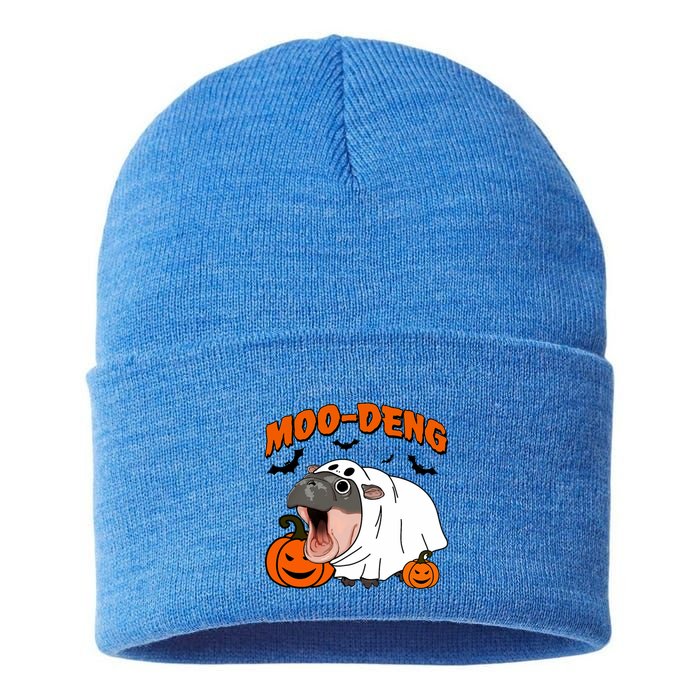 Funny Moo Deng Halloween Boo Ghost Costume Moodeng Lover Sustainable Knit Beanie