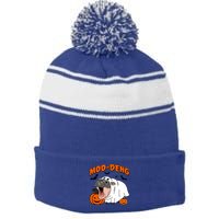 Funny Moo Deng Halloween Boo Ghost Costume Moodeng Lover Stripe Pom Pom Beanie