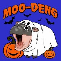 Funny Moo Deng Halloween Boo Ghost Costume Moodeng Lover Stripe Pom Pom Beanie