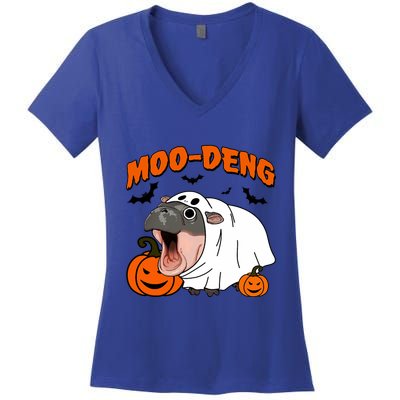 Funny Moo Deng Halloween Boo Ghost Costume Moodeng Lover Women's V-Neck T-Shirt