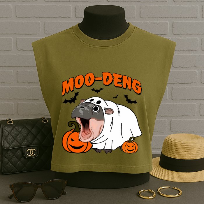 Funny Moo Deng Halloween Boo Ghost Costume Moodeng Lover Garment-Dyed Women's Muscle Tee