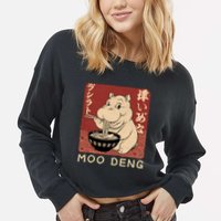 Funny Moo Deng Ramen Noodle Japanese Cropped Pullover Crew