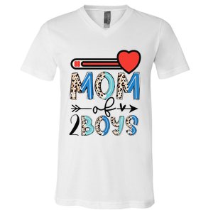 Funny Mothers Day Mom of 2Boys Leopard Wo V-Neck T-Shirt