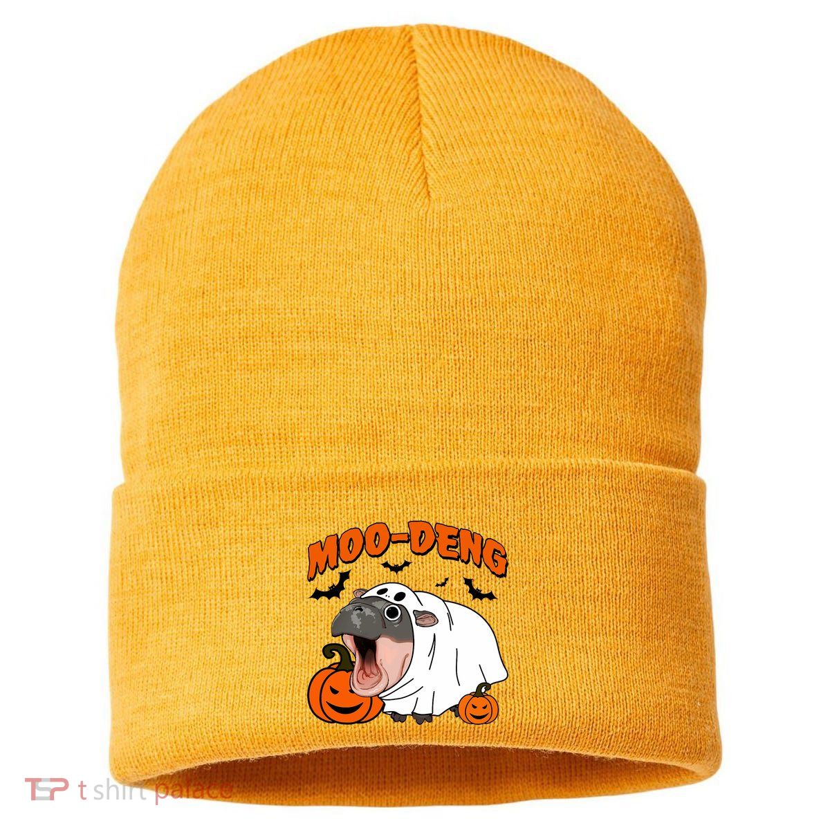 Funny Moo Deng Halloween Boo Ghost Costume Moo Deng Lover Sustainable Knit Beanie