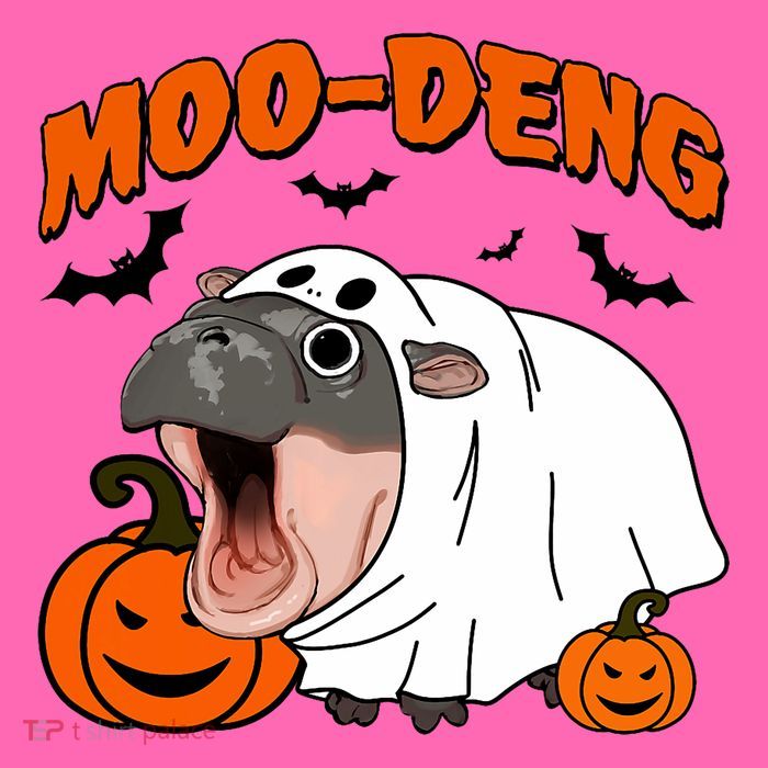 Funny Moo Deng Halloween Boo Ghost Costume Moo Deng Lover Stripe Pom Pom Beanie
