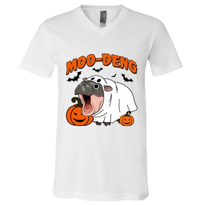 Funny Moo Deng Halloween Boo Ghost Costume Moo Deng Lover V-Neck T-Shirt