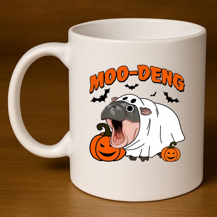 Funny Moo Deng Halloween Boo Ghost Costume Moo Deng Lover 11oz C Handle Ceramic Mug
