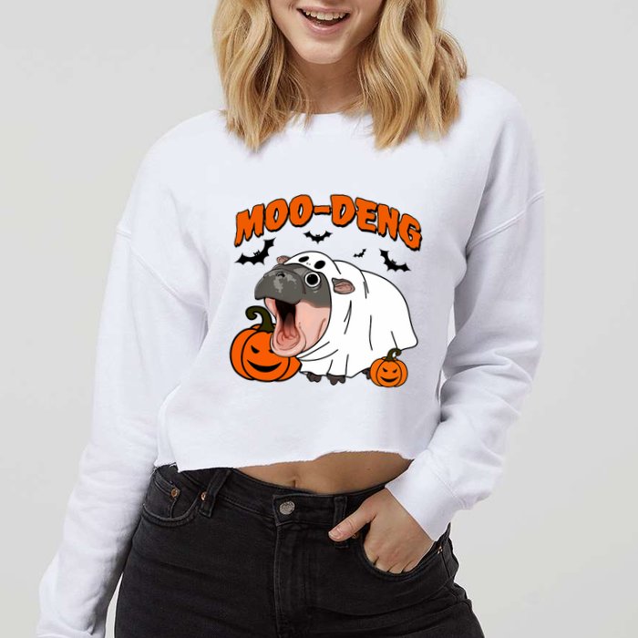 Funny Moo Deng Halloween Boo Ghost Costume Moo Deng Lover Cropped Pullover Crew