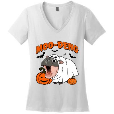 Funny Moo Deng Halloween Boo Ghost Costume Moo Deng Lover Women's V-Neck T-Shirt